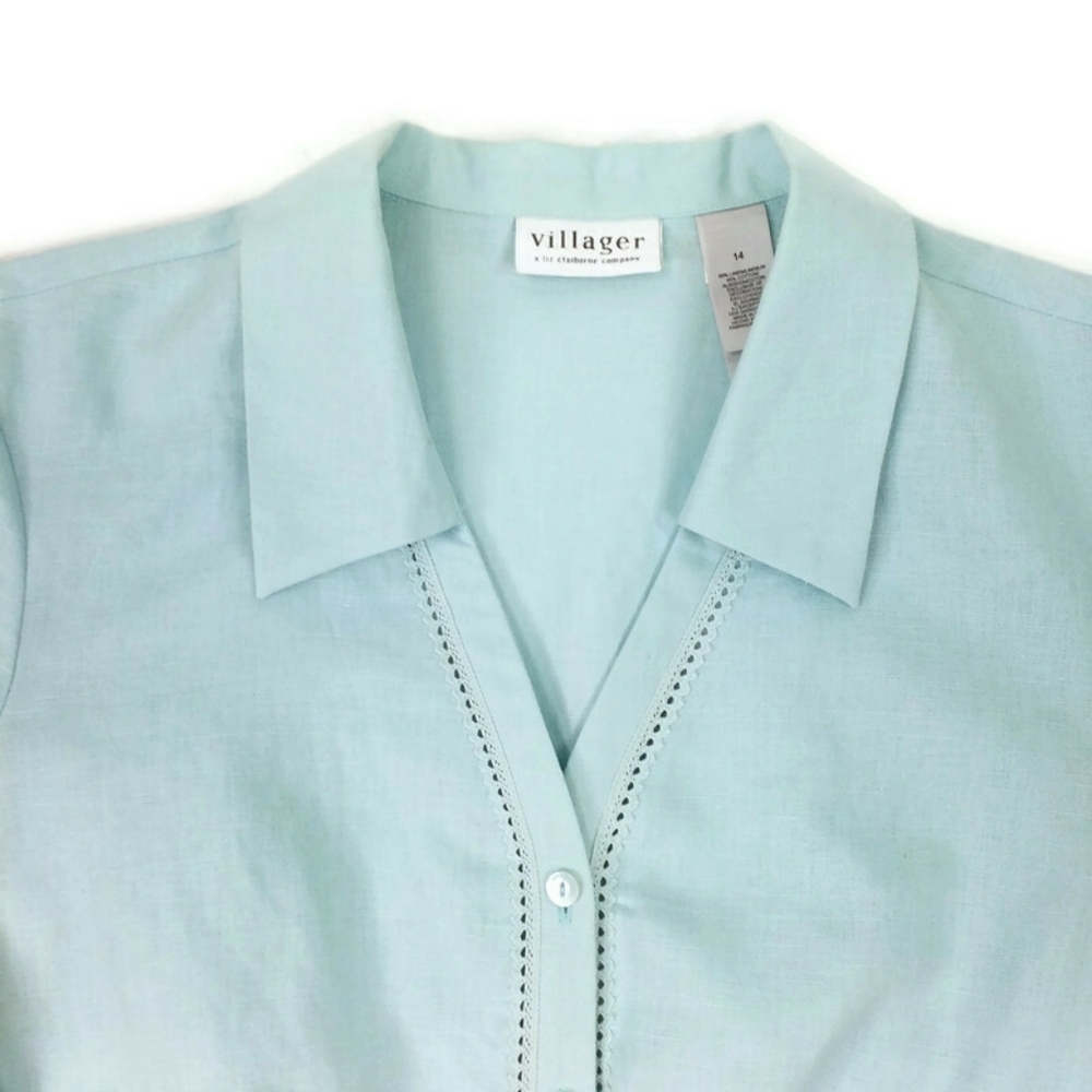 Vintage Villager Light Blue 3/4 Sleeve Button Up Linen Blend Blouse Womens 14 - Picture 4 of 13